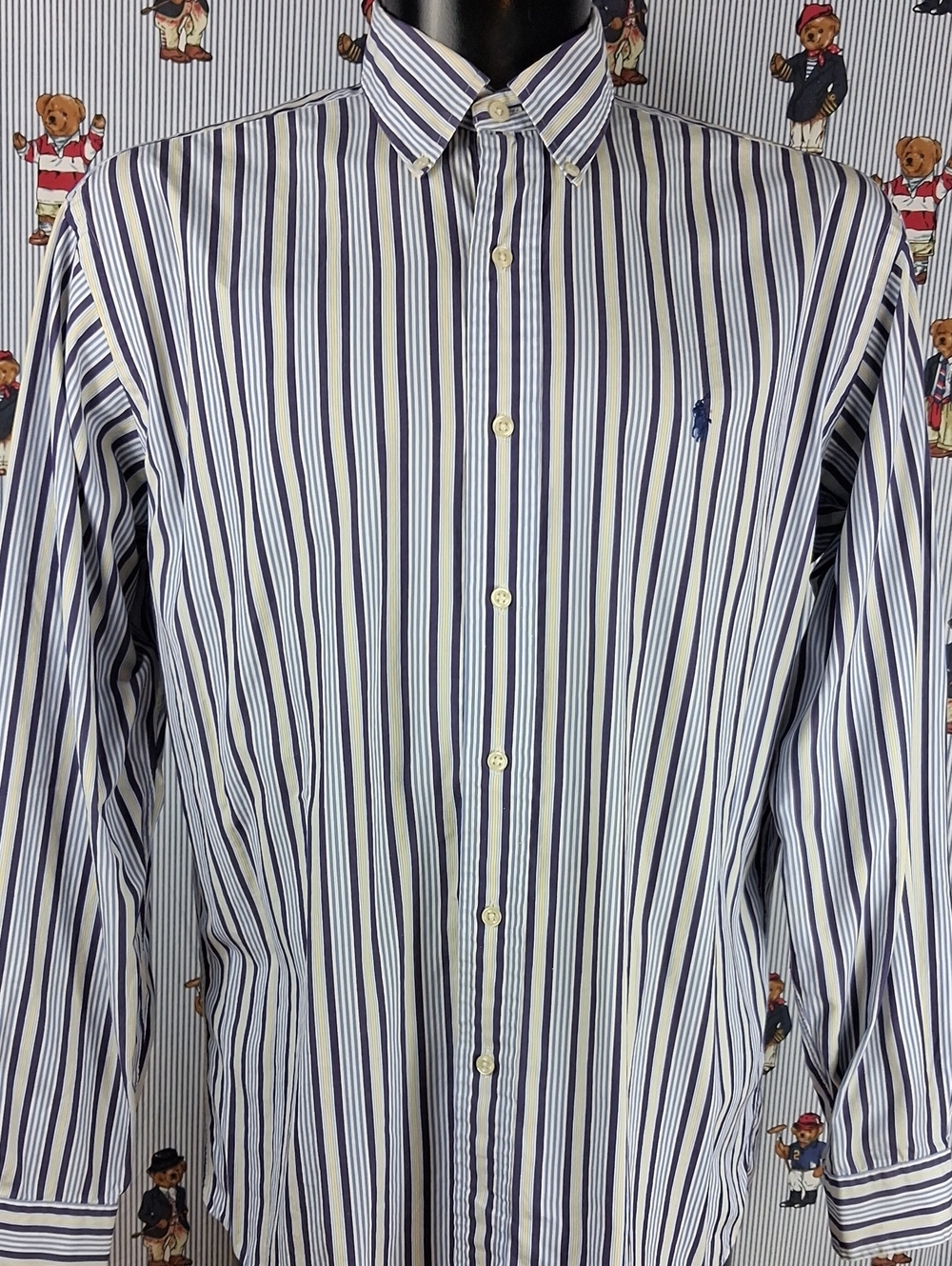 Polo Ralph Lauren Vertical Stripe Blue & Yellow Long Sleeve Button Up Lrg Shirt